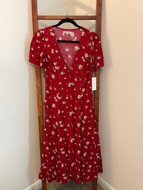 Reformation Locklin Cassia Red Daisy-Print Button Midi Dress NWT Size 4